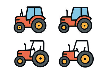 Fototapeta premium Tractor icon set for agriculture and farming. Heavy machinery vehicle pictogram. Farm transport symbol. Filled color and linear outline style. Vector cartoon illustration.