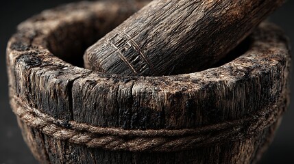 Close-up of Rustic Wooden Mortar and Pestle with Rope Detail for Culinary or Herbal Use
