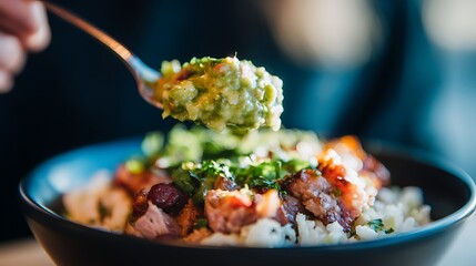 Close-up of Savory Burrito Bowl with Guacamole and Fresh Vegetables in Black Bowl