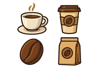 Coffee icon set vector graphic. Cartoon illustration of hot drink, takeaway cup, bean, paper bag. Cafe beverage concept. Espresso, latte, cappuccino symbols for menu, app, sticker.