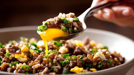 Close-up of Savory Ground Meat and Egg Rice Bowl with Green Onions in a White Dish