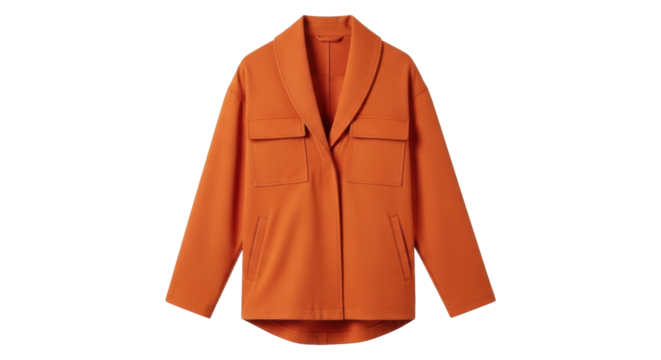 Isolated orange stylish jacket apparel, no closure, relaxed collar for women's fashion trends