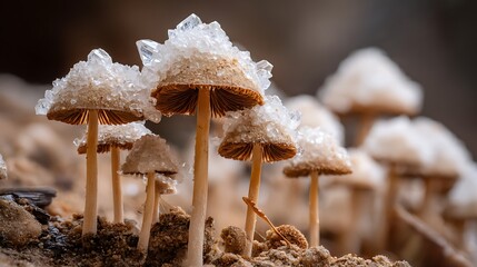 Close-up of Small Mushrooms with Crystalline Salt on Cap in Natural Soil Environment