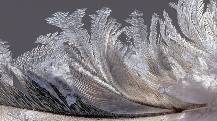 Close-up of Silver Ice Crystal Feather on Dark Background with Intricate Frost Patterns