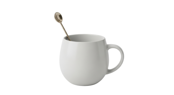 Isolated simple mug with gold spoon stands ready for hot beverage or comforting tea time