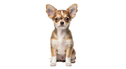 Isolated chihuahua puppy sitting up looking forward with ears standing erect attentively