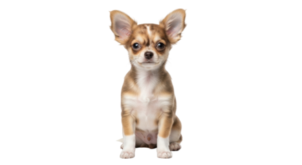 Isolated chihuahua puppy sitting up looking forward with ears standing erect attentively
