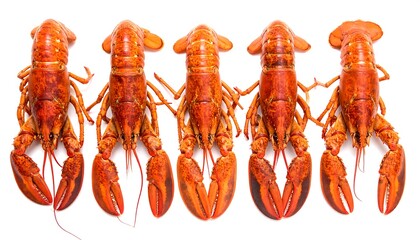 Four whole cooked lobsters arranged in a horizontal row against a white background