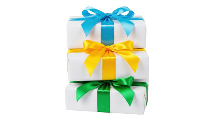 Isolated stack of wrapped Christmas gifts with blue, yellow, green ribbon bows for holidays