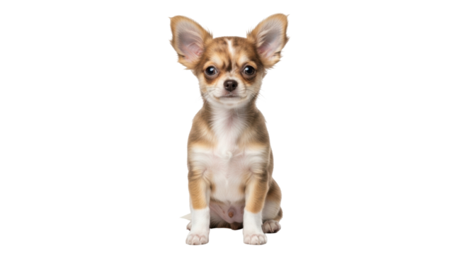 Isolated chihuahua puppy sitting up looking forward with ears standing erect attentively