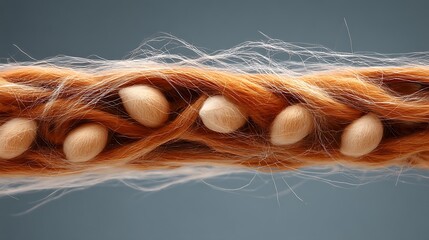 Close-up of Twisted Natural Cotton Rope with Wooden Beads on Gray Background