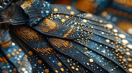 Closeup of Vibrant Blue and Gold Butterfly Wing with Water Droplets in Macro Photography