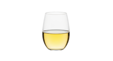 Isolated glass half full with golden white wine, a simple elegant drinking vessel