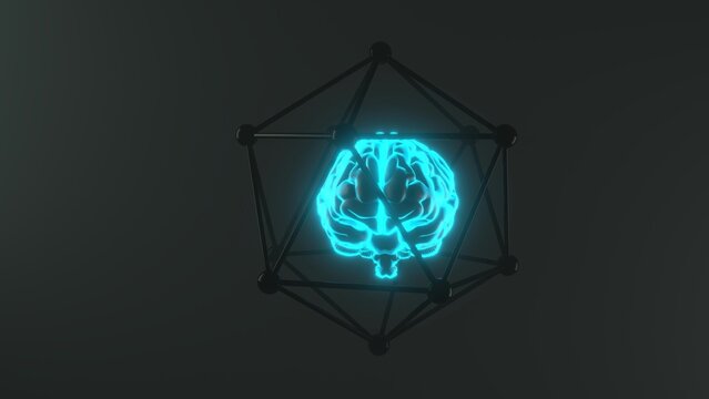 Render 3D de um c&eacute;rebro neon azul suspenso no interior de uma estrutura geom&eacute;trica preta (estilo icosaedro) sobre fundo escuro com copyspace. Visual minimalista e futurista