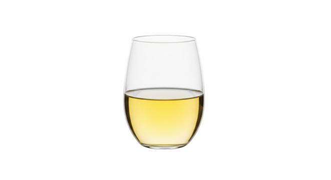 Isolated glass half full with golden white wine, a simple elegant drinking vessel