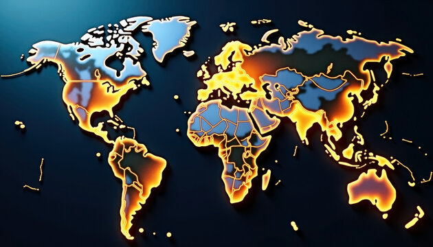 digital world map glowing with bright neon lines across continents. global network technology showing internet infrastructure and connections. high speed communication data transfer business worldwide