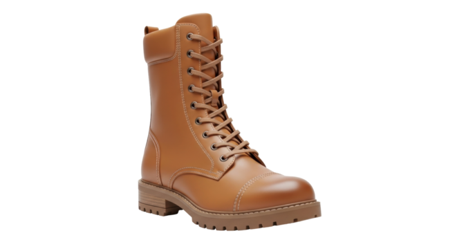 Isolated Fashionable ankle boot in tan leather with laces for fall wear, studio shot