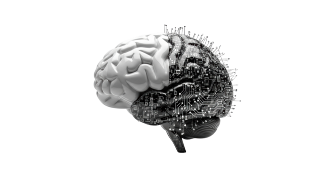 Isolated brain featuring circuitry and neural network depicts advanced artificial intelligence