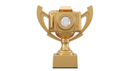 Isolated golden camera trophy, concept for photography awards, prize for best photographers