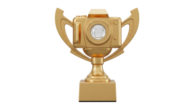Isolated golden camera trophy, concept for photography awards, prize for best photographers