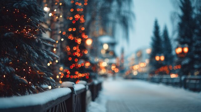 Festive Christmas lights illuminate a snow-covered street, creating a magical atmosphere. The foreground features a Christmas tree with glowing lights.