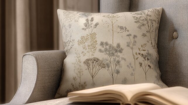 A leaf motif pillow sits on a chair, inviting cozy reading in a space filled with botanical decor