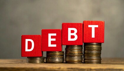 A visual representation of rising debt levels, symbolized by red blocks spelling DEBT stacked on coins. This image represents financial struggle.