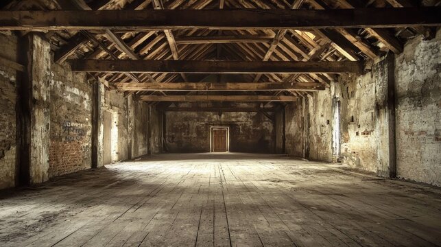 An old, dilapidated room with wooden beams and a dirty, peeling wall. The room has a wooden floor and a door in the distance.