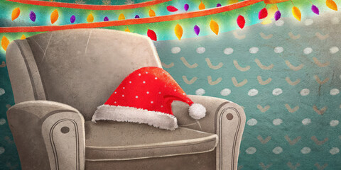 Christmas holiday lifestyle cozy armchair with festive red Santa hat and colorful string lights creating warm seasonal atmosphere