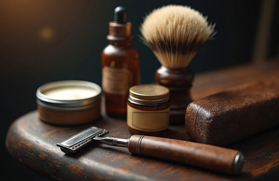 Vintage barber tools neatly arranged on dark wooden table. Classic safety razor, shaving brush, various grooming products displayed. Old-fashioned male hygiene items for clean shave. Pro barbershop