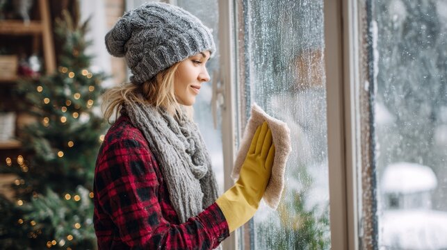 A woman cleaning the window of a house in winter season and a Christmas tree in the background - Powered by Adobe