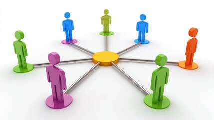 A group of colorful 3D human figures connected by lines, forming a network. The figures are standing on colorful platforms with a yellow center.
