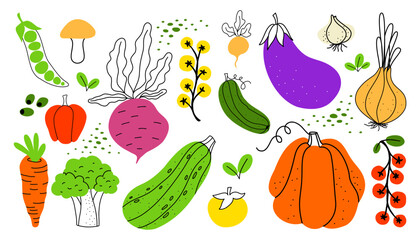 Vibrant Doodle Illustration of Garden Vegetables – Fun Artistic Collection Featuring Eggplant, Pumpkin, Broccoli, Radish, Onion, and More Fresh Produce in Whimsical Style