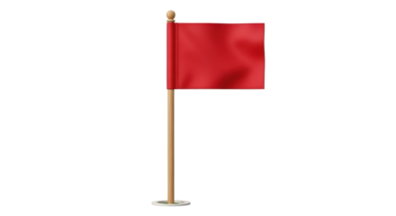Isolated red flag with wooden pole indicating location, hazard, warning, or golf course