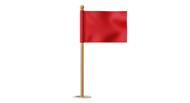 Isolated red flag with wooden pole indicating location, hazard, warning, or golf course
