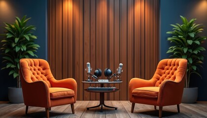 Modern podcast studio room setup with orange armchairs microphones, sound equipment. Interior design features wooden panel wall plants. Ideal for interview recording broadcast audio content