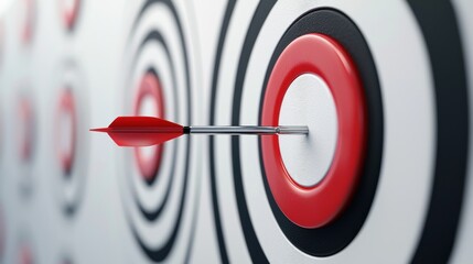 A red dart is centered on a white bullseye target, with other targets in the background.