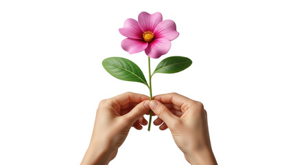 Isolated hands holding a pink cosmos flower, delicate flower with green leaves, gift of love