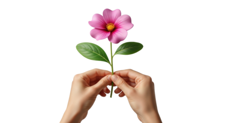 Isolated hands holding a pink cosmos flower, delicate flower with green leaves, gift of love
