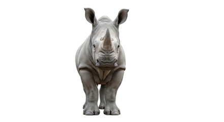 Isolated rhino standing and looking straight into the camera with a strong, powerful look