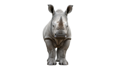 Isolated rhino standing and looking straight into the camera with a strong, powerful look