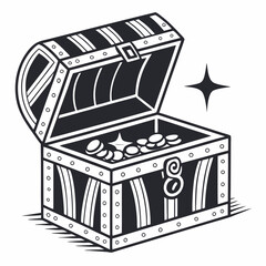 Open treasure chest with gold coins, vector illustration