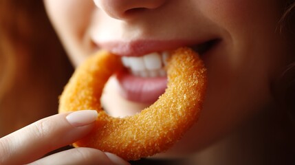 Close-up of Woman Eating Crispy Onion Ring with Smiling Lips in Warm Lighting