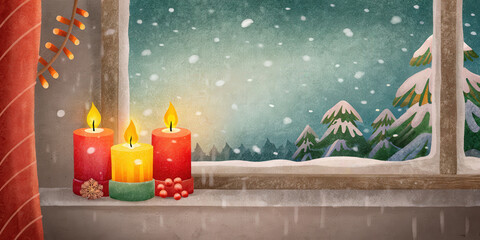 Cozy holiday candles glowing on windowsill with snow falling outside creating warm Christmas lifestyle scene full of peaceful joy