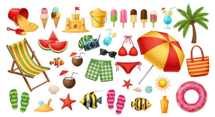 Isolated, a beach day picnic with summer vacation toys and items, holiday fun concept