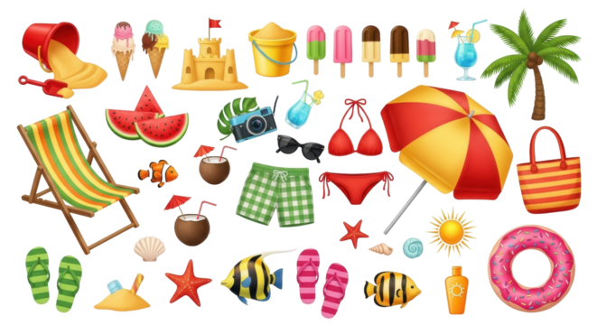 Isolated, a beach day picnic with summer vacation toys and items, holiday fun concept
