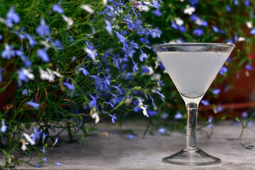 Alcoholic cocktail on blue flowers background. Cold cocktail in martini glass close up view.