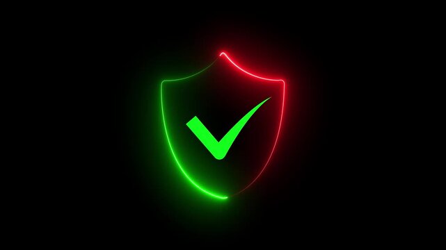 Glowing Neon Glitch security shield with check mark icon. neon check mark icon on black background. security shield protection icon with tick symbol. Security sign. Safeguard .