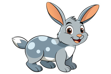 Cute Cartoon Gray Rabbit with White Spots Standing on a White Background