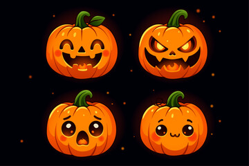 Halloween illustration with four pumpkins showing different emotions